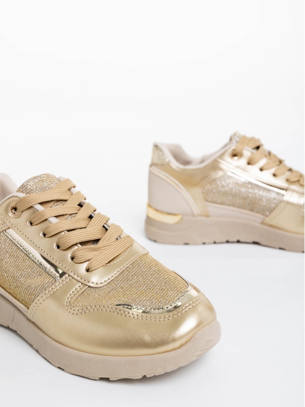 Γυναικεία αθλητικά παπούτσια μπεζ με χρυσαφί από οικολογικό δέρμα Litsa, 6 - Kalapod.gr