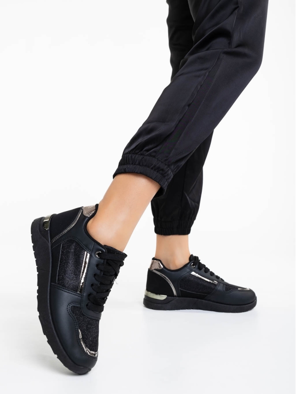 Γυναικεία αθλητικά παπούτσια μαύρα από οικολογικό δέρμα Litsa, 3 - Kalapod.gr