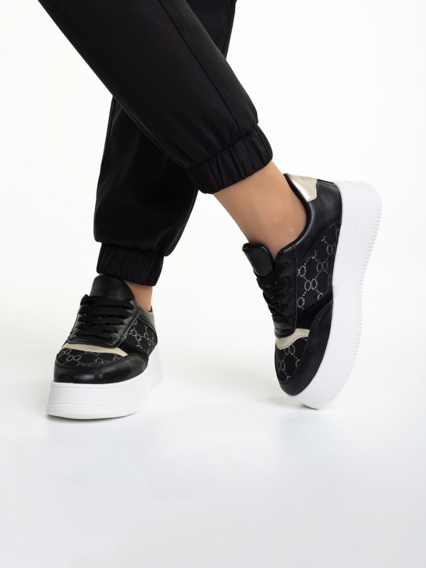 Γυναικεία αθλητικά παπούτσια μαύρα από οικολογικό δέρμα και ύφασμα Richelle, 4 - Kalapod.gr