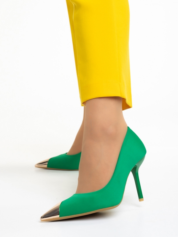 Γυναικεία παπούτσια  με τακούνι πράσινα από ύφασμα Melany, 3 - Kalapod.gr