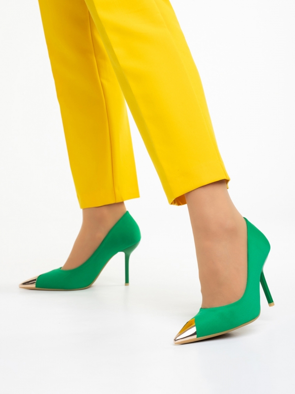 Γυναικεία παπούτσια  με τακούνι πράσινα από ύφασμα Melany, 4 - Kalapod.gr