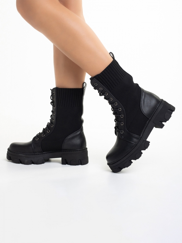 Γυναικεία μπότακια μαύρα από οικολογικό δέρμα και ύφασμα  Giana, 2 - Kalapod.gr