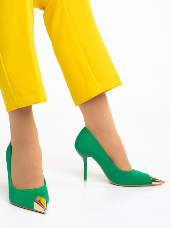 Γυναικεία παπούτσια  με τακούνι πράσινα από ύφασμα Melany, 2 - Kalapod.gr