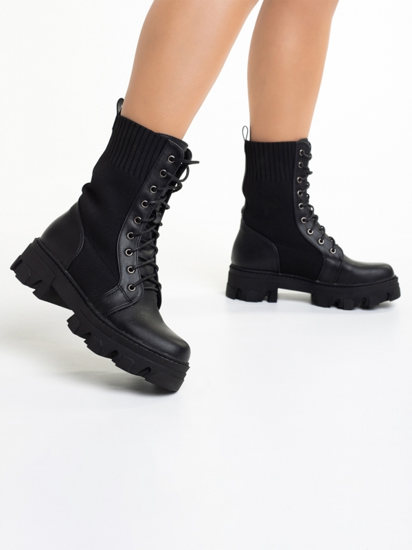 Γυναικεία μπότακια μαύρα από οικολογικό δέρμα και ύφασμα  Giana, 4 - Kalapod.gr